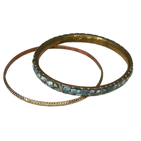 Vintage Brass & Turquoise Chip Bracelet Bangle Set Brass Bracelet Made In India - Picture 7 of 8